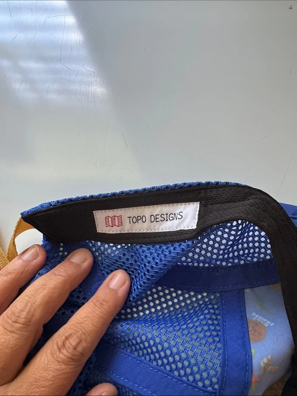 Topo Designs Blue Mesh Crossbody Bag with Yellow Strap